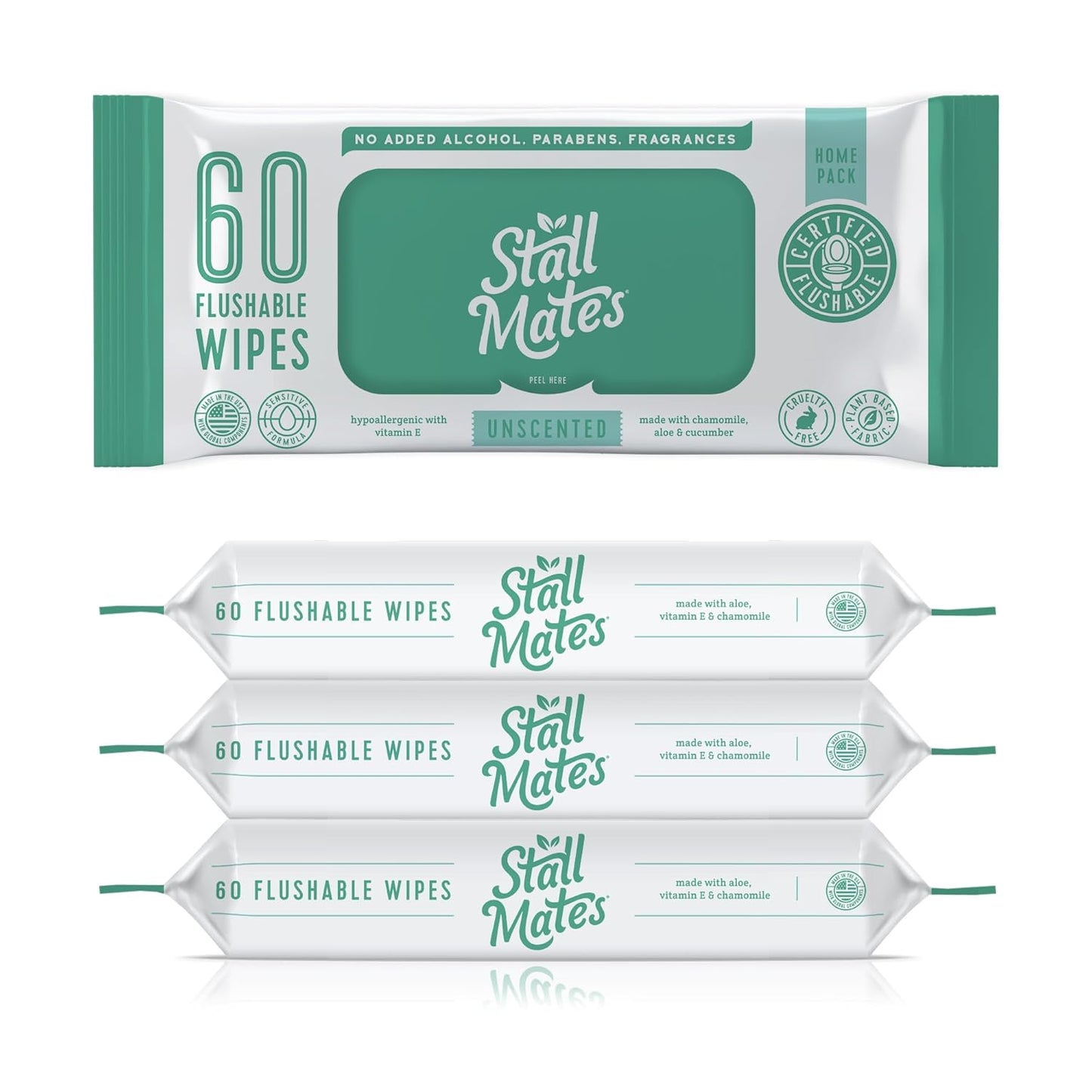 Stall Mates Wipes: Flushable Wipes | 60-Wipe Home Pack | Hypoallergenic | Unscented with Vitamin-E & Aloe | (4 Pack - 240 Total)