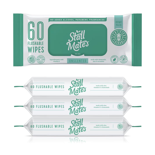 Stall Mates Wipes: Flushable Wipes | 60-Wipe Home Pack | Hypoallergenic | Unscented with Vitamin-E & Aloe | (4 Pack - 240 Total)