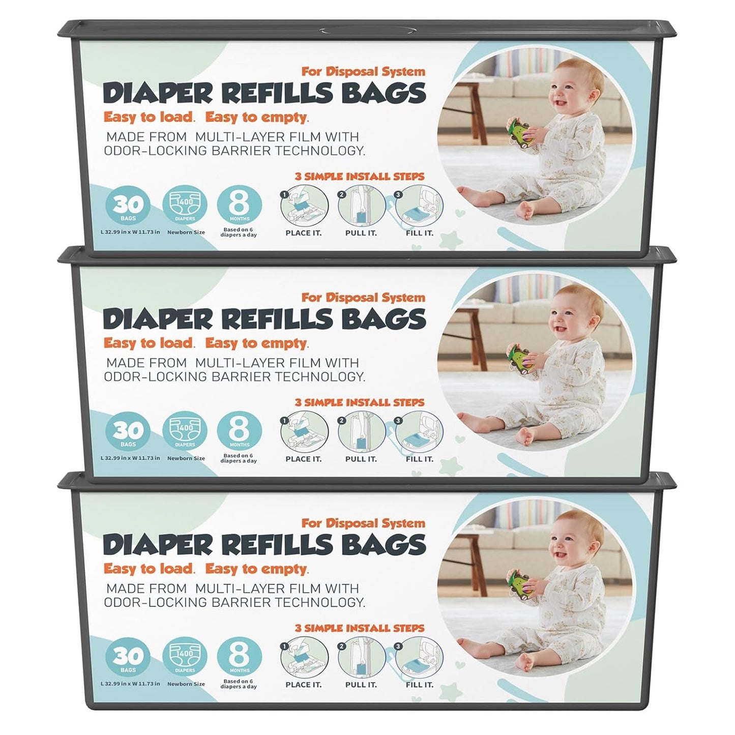 Diaper Pail Refills Bags with 30 Bags Compatible with Genie Easy Roll Signature and Platinum Diaper Pails, 7-Layer Odor-Barrier Technology, 3 Pack (90 Bag)