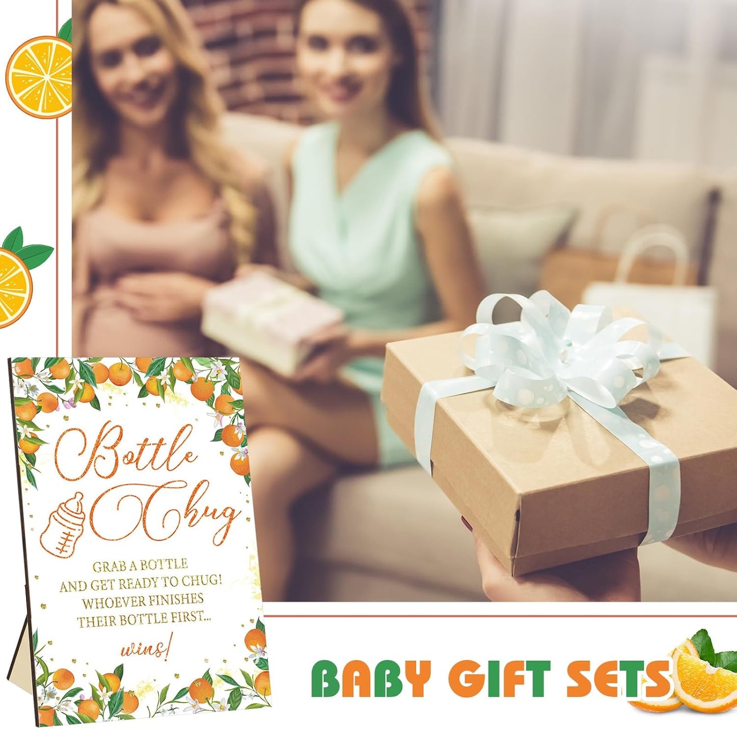 TrelaCo Little Cutie Cool Baby Shower Games Bottle Chug Sign Wooden Orange Theme Gift Sets Gender Reveal Party Favors and 12 Pcs Baby Bottle Shower Favor for Games Gender Reveal