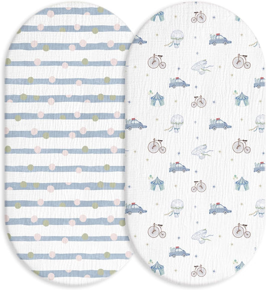 Muslin Bassinet Fitted Sheets, 2 Pack for Baby Boy and Girl, Soft Breathable Baby Pad/Mattress Sheet, Fit for Hourglass Oval and Rectangle Bassinet Mattress (Cute Cars)