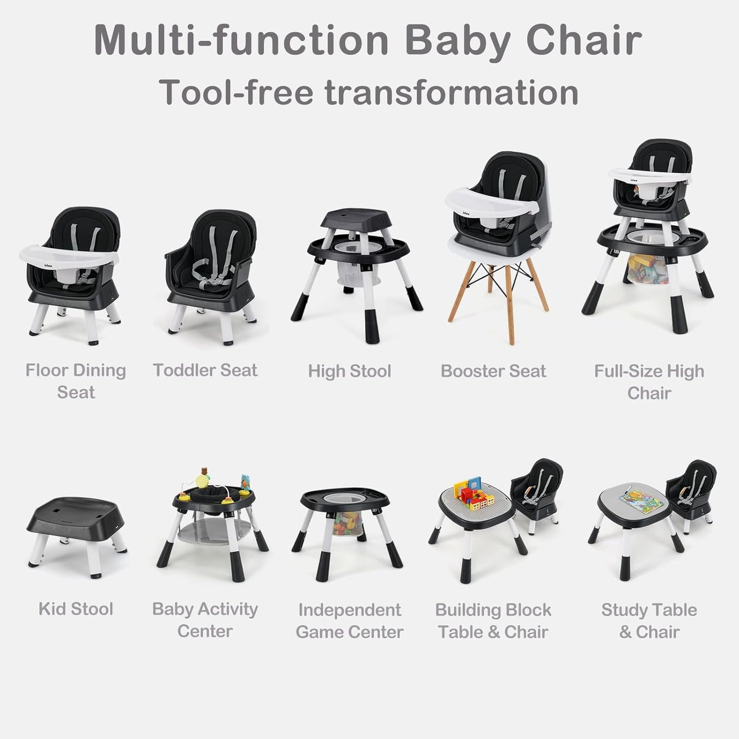 INFANS 9 in 1 High Chair, Convertible Baby Highchair for Babies and Toddlers, Table and Chair Set Building Block Infant Dining Booster Seat, Kids Stool with Activity Children Play Kitchen(Black)