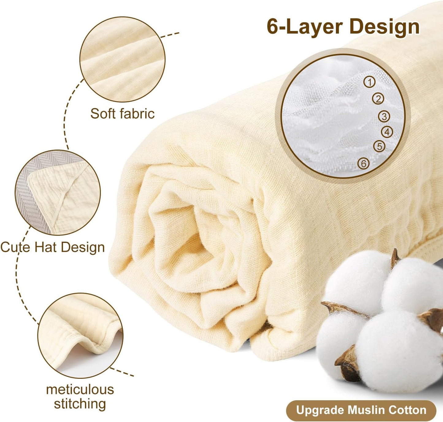 david's kids 2 Pack Hooded Baby Towels, 100% Muslin Cotton 6-Layer Ultra Soft Breathable Absorbent Baby Bath Towels for Infant and Toddler, Newborn Essentials, Large 32x32Inch, Beige & Green