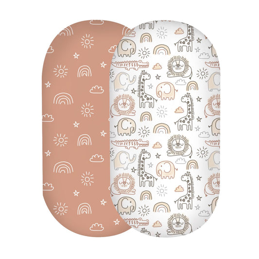 Yoofoss Bassinet Sheets Baby Girl Boy, Fitted Bassinet Sheet Set 2 Pack Universal Fit for Cradle Moses Basket Oval Rectangle Round Hourglass Mattress,Soft Breathable (Brown+Giraffe)
