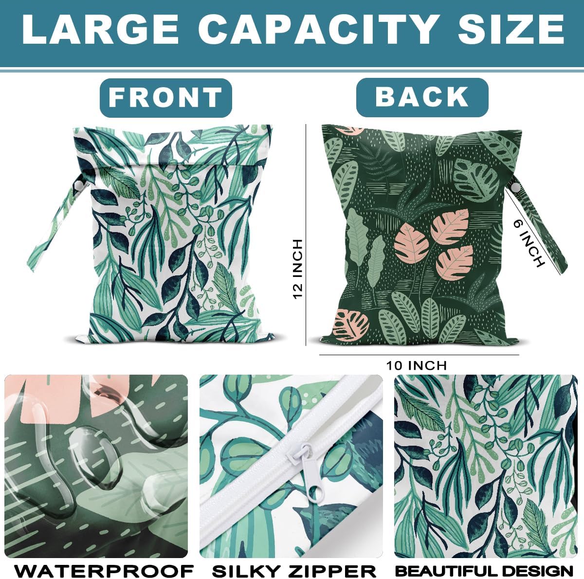 ZHAMEN 2Pcs Tropical Wet Bag 12x10 Inch, Plant Waterproof Reusable Wet Dry Bags, Leaves Washable Travel Laundry Bags for Swimsuit Beach Diapers Dirty Yoga Gym Clothes, Plants Gifts for Women Friend