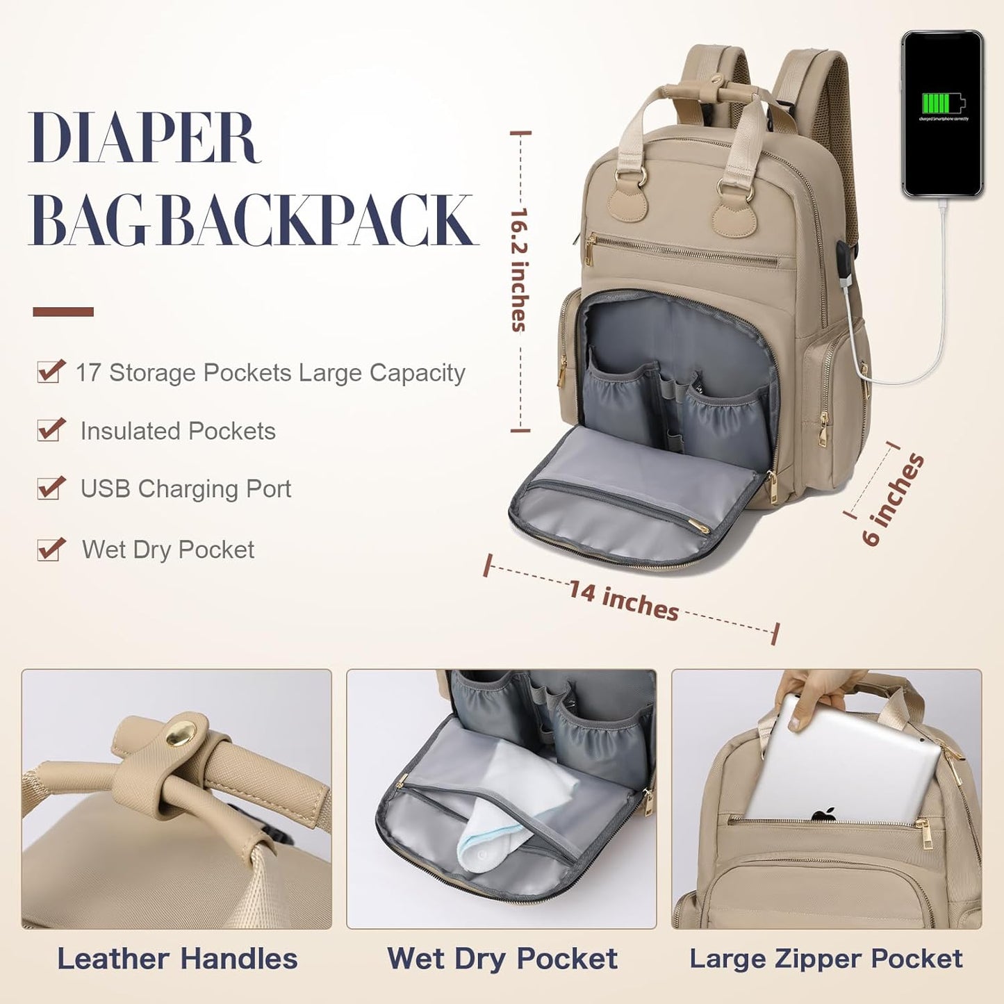 Diaper Bag Backpack, Baby Diaper Bag with 17 Pockets, Travel Baby Bag Backpack for Girl Boy, Large Diaper Bag with Changing Pad,USB Charging Port,Wet Dry Bag, Khaki