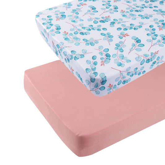 Onacosht Pack n Play Sheets 2 Pack for Baby Girl, Stretchy Jersey Knitted Playard Fitted Sheets Portable Mini Crib Mattress Cover, Watercolor Green Leaf and Plain Pink