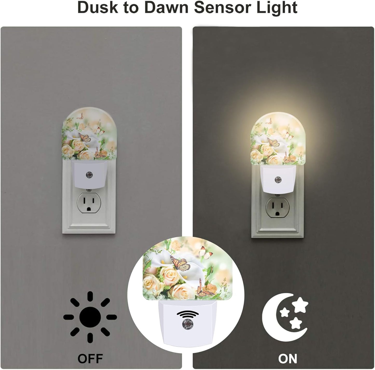 Yellow Rose Flowers Butterfly Night Light Plug into Wall, Spring Floral Butterflies Dusk to Dawn Night Light Plug in,0.5w Energy Saving Sleep Friendly NightLight for Kids Boys Girls Home Decor