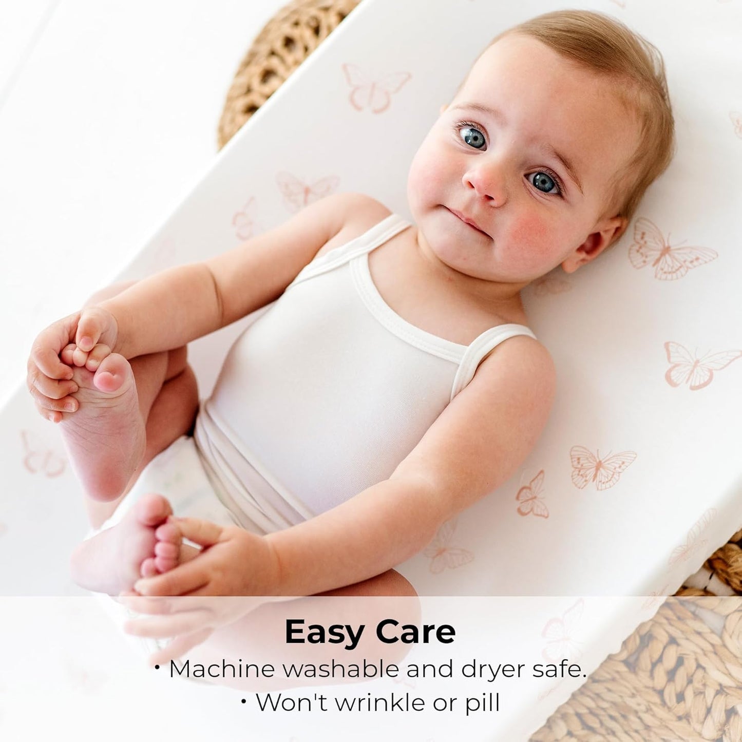 Ely’s & Co. Changing Pad Cover, Diaper Changing Table Sheets, 2 Pack, Cradle Sheet Set for Baby Girls, 100% Jersey Knit Cotton, 32”x16”x5” Pink Butterfly + Stripe Collection