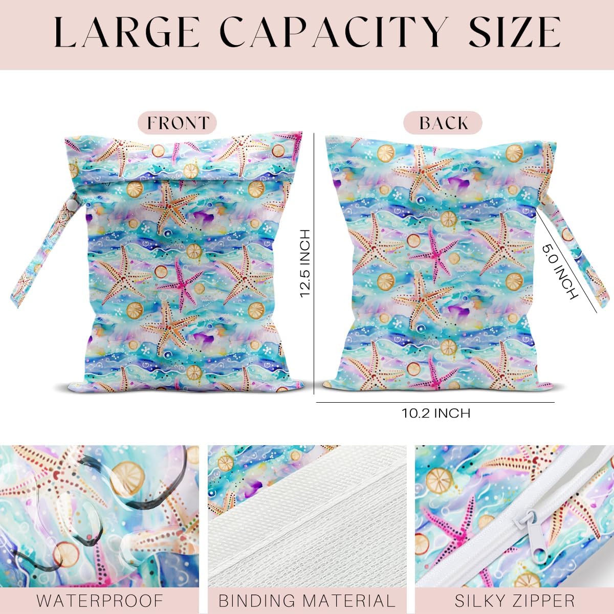Wet Bag for Swimsuit, Beach Travel Essentials Wet Dry Bag, for Sunscreen Toiletry Dirty Clothes Yoga Gym Diaper, Friends Summer Beach Vacation Gifts. Colorful starfish
