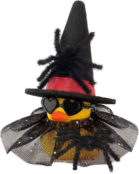 wonuu Car Dashboard Spider Witch Rubber Ducks for Halloween, Decorations Duck for Office Desk Ornament Accessories with Hat Glasses Skirt, for Halloween Party Gifts (Gold Point Skirt Red)