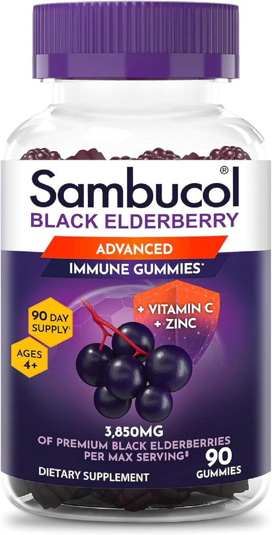 Sambucol Elderberry Gummies for Adults with Vitamin C; Zinc; Sambucus Elderberry Gummies for Immune Support with High Antioxidants; Gluten Free; Vegan; 1 Gummy Per Serving; 90 Count (90 Day Supply)