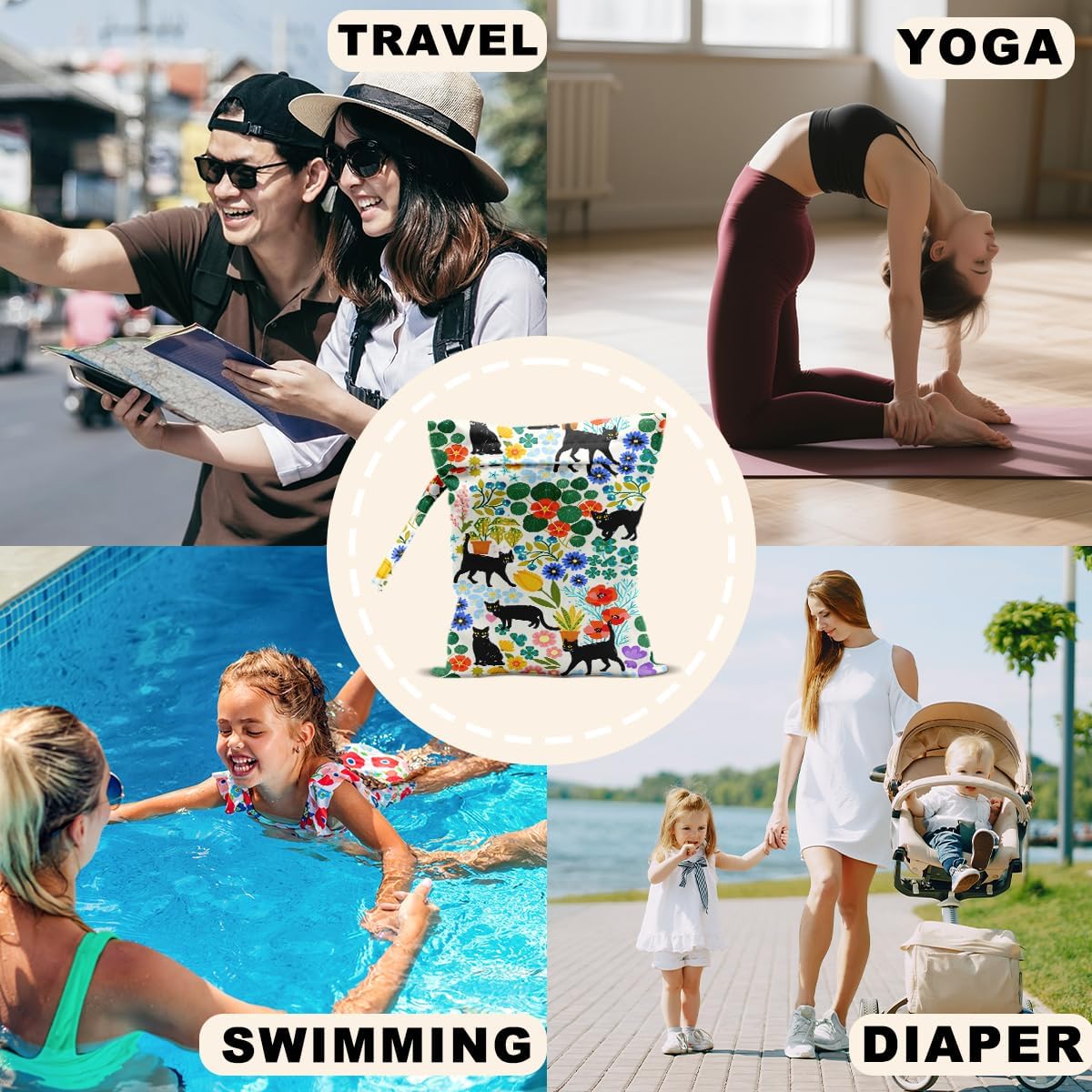 2Pcs Cat Wet Bags 12x10 Inch, Colorful Flowers Waterproof Travel Laundry Bags, Floral Reusable Wet Dry Bag for Swimsuit Pool Beach Diapers Dirty Yoga Gym Clothes, Cat Gifts for Women Friend Travelers