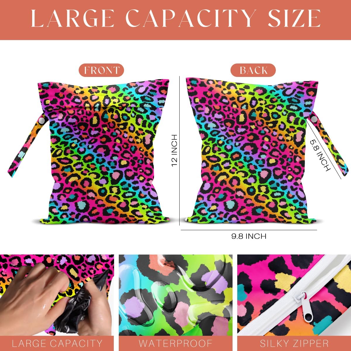 4 Pack Colorful Rainbow Neon Leopard Wet Bag Waterproof Washable Reusable Wet Dry Bag for Swimsuit Clothes Cloth Diaper Travel Pool Yoga Gym Toiletries Gift for Women Friend Bestie Christmas Birthday