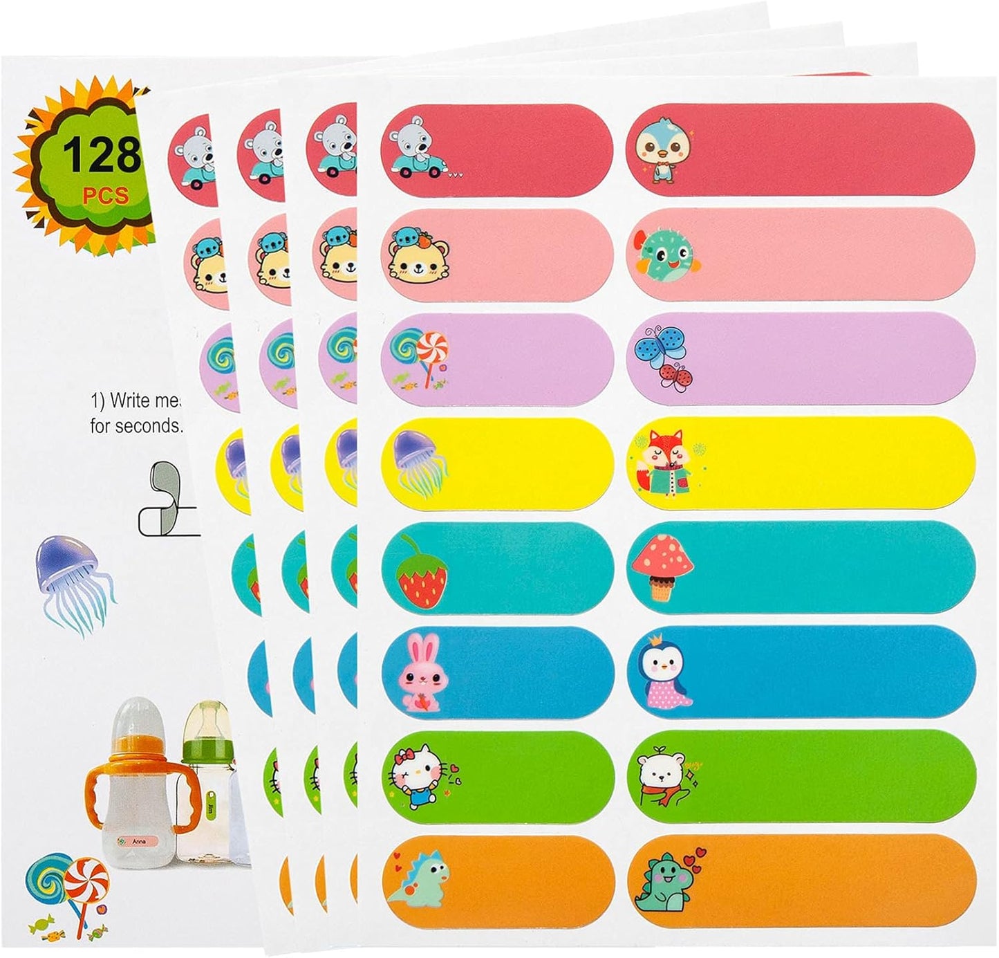 Name Labels for Kids Stuff, Waterproof Daycare Labels for Baby Bottles, 128 PCS Water Bottle Label, Name Tags Stickers for School Supplies, Daycare Essentials, Self-Laminating, Dishwasher Safe