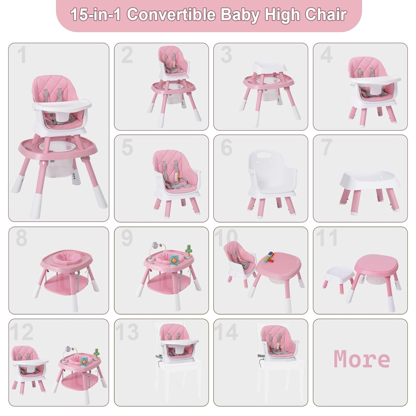 Babyliebe 15-in-1 Baby High Chair, Convertible Highchair for Babies and Toddlers with Activity Center, Booster Seat, Building Block Table, Toddler Chair with Safety Harness, Removable Tray (Pink)
