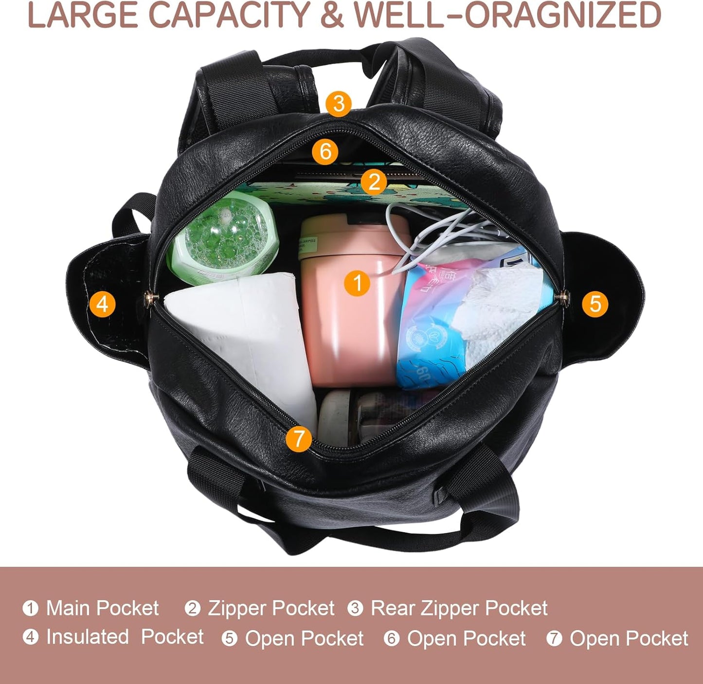 Stylish Diaper Bag Backpack, Leather Large Capacity Travel Baby Diaper Bag Tote for Mom Dad, Handbag shoulder bag, Waterproof, Lightweight Black