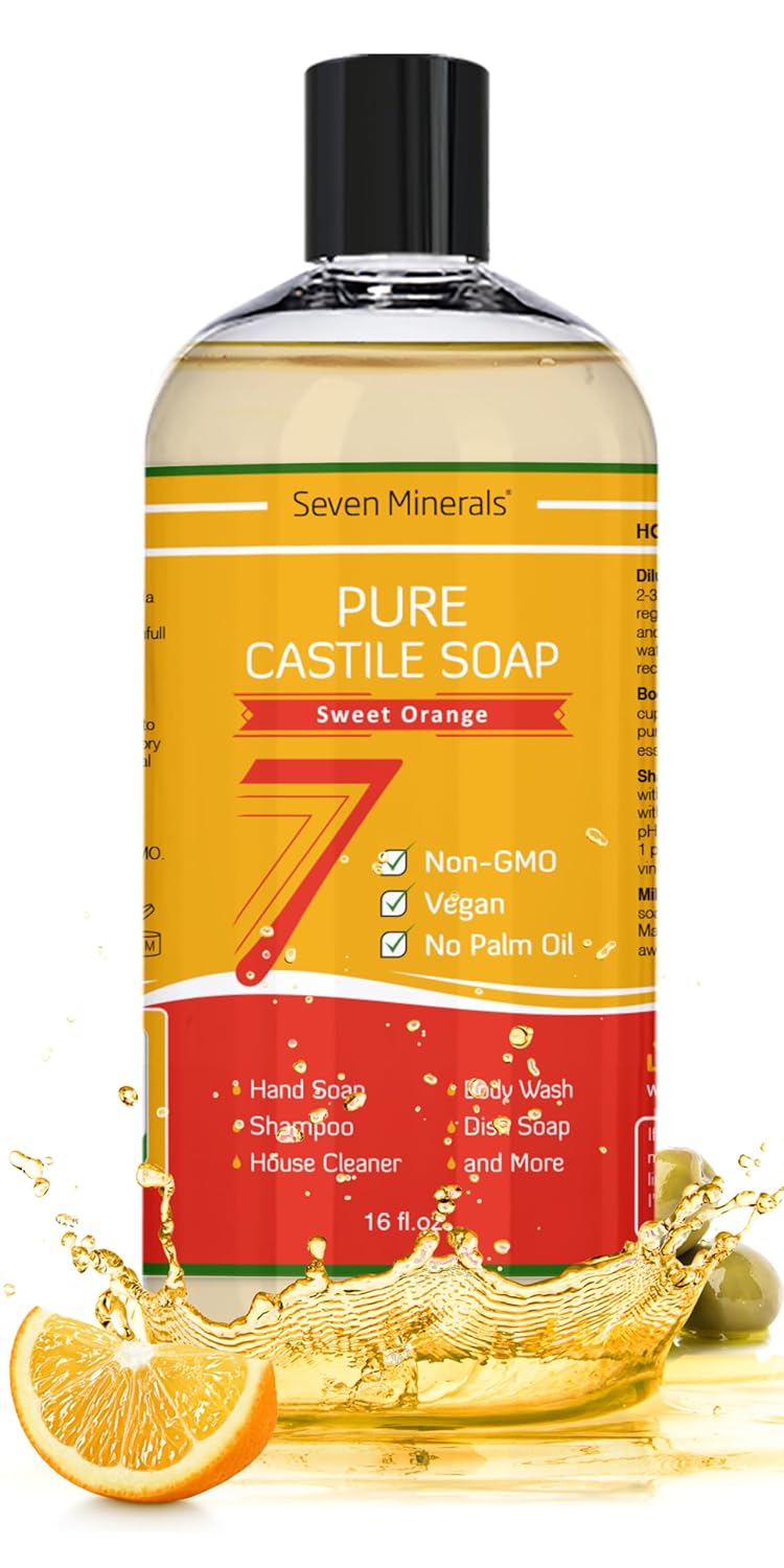 Seven Minerals Pure Castile Soap, Sweet Orange 16oz - No Palm Oil, GMO-Free - Gentle Liquid Soap For Sensitive Skin & Baby Wash - All Natural Vegan Formula with Organic Carrier Oils