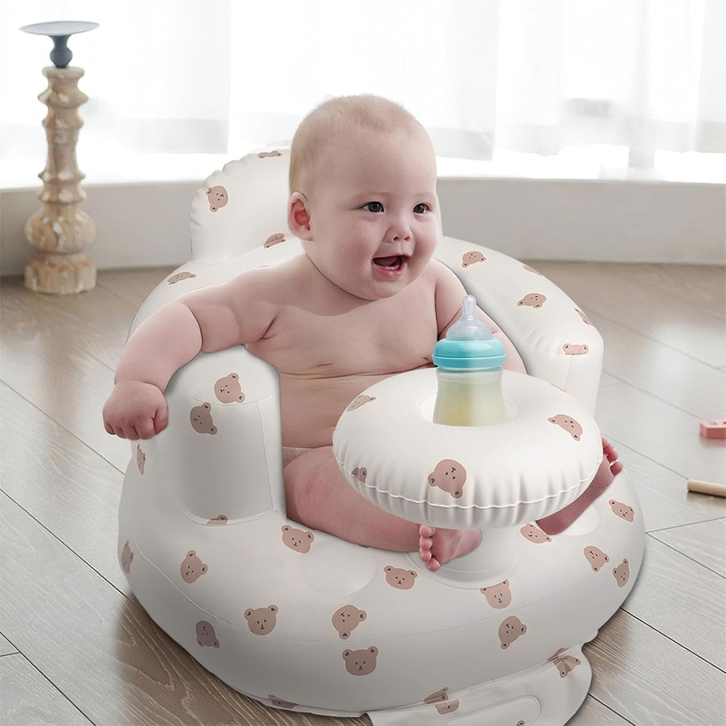 Inflatable Baby Chair with Tray for Babies 3 Months & Up, Blow Up Baby Seat with Built in Air Pump, Sit Me Up Floor Baby Seats for Infants for Sitting Up - Bear Head with Tray