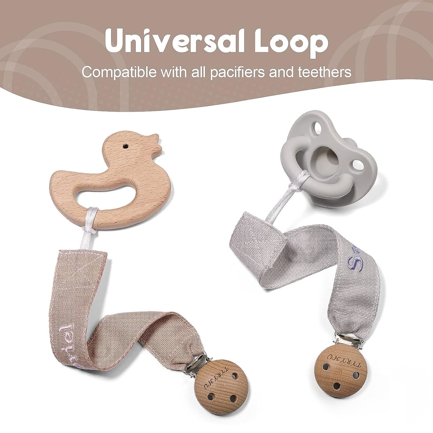 TYRY.HU Personalized Pacifier Clip with Name, Embroidery Pacifier Holder for Baby Girls and Boys, Neutral Binky Clips Universally Fit All Pacifiers & Baby Toys, Baby Gift, 2 Pack(Grey,Khaki)