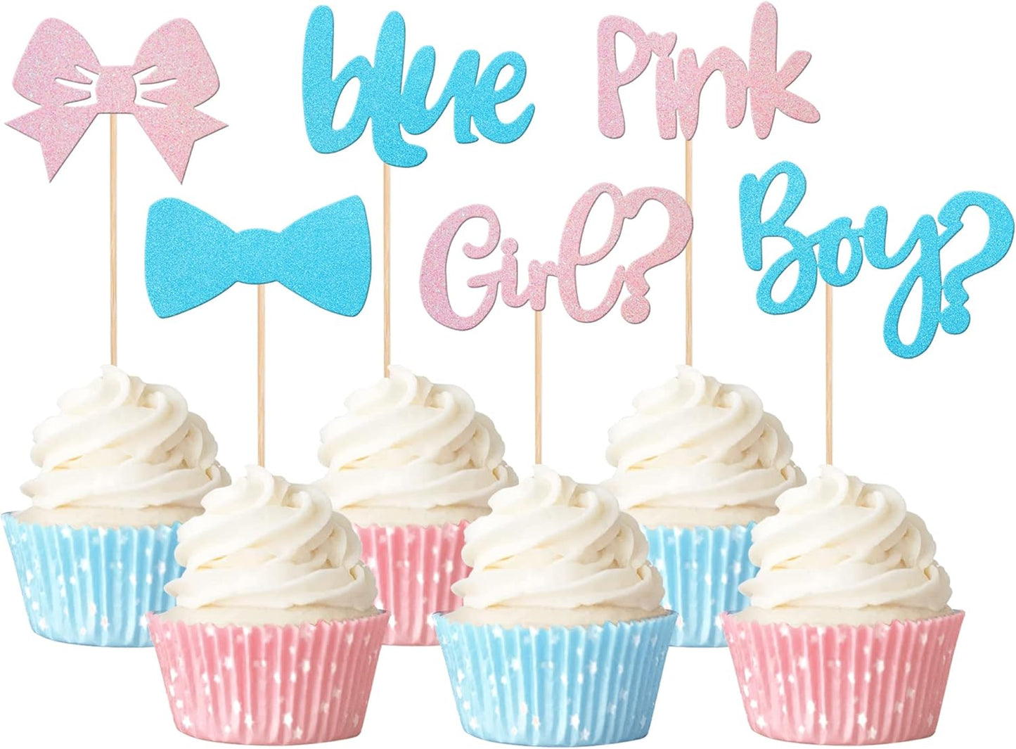 Rsstarxi 36 Pack Boy or Girl Cupcake Toppers Pink or Blue Glitter Bow Tie Gender Reveal Cupcake Picks for He or She Gender Reveal Theme Baby Shower Kids Birthday Party Cake Decorations Supplies