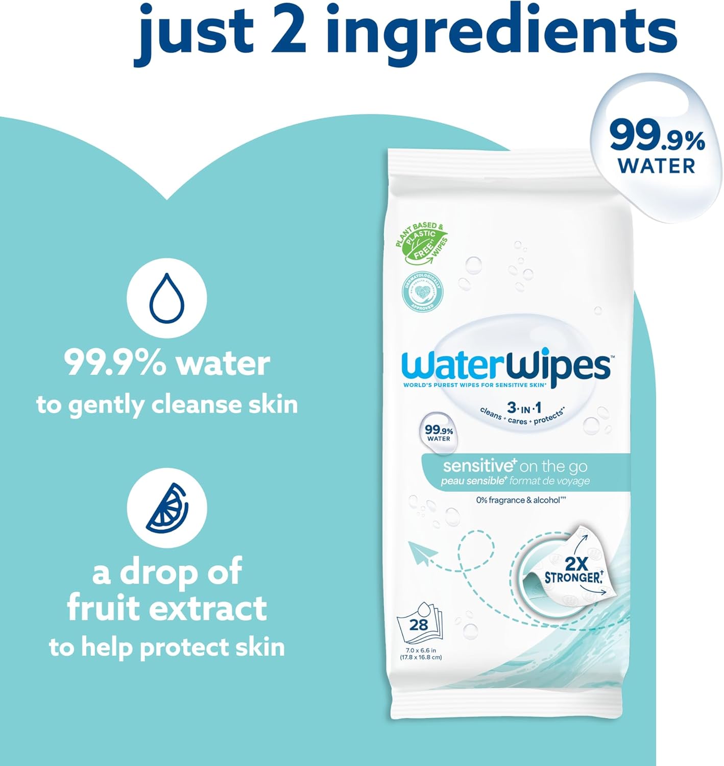 WaterWipes Sensitive+ On The Go Wipes, 3-In-1 Cleans, Cares, Protects, 99.9% Water, Unscented & Hypoallergenic Wet Wipes, 28 Count (Pack of 1)