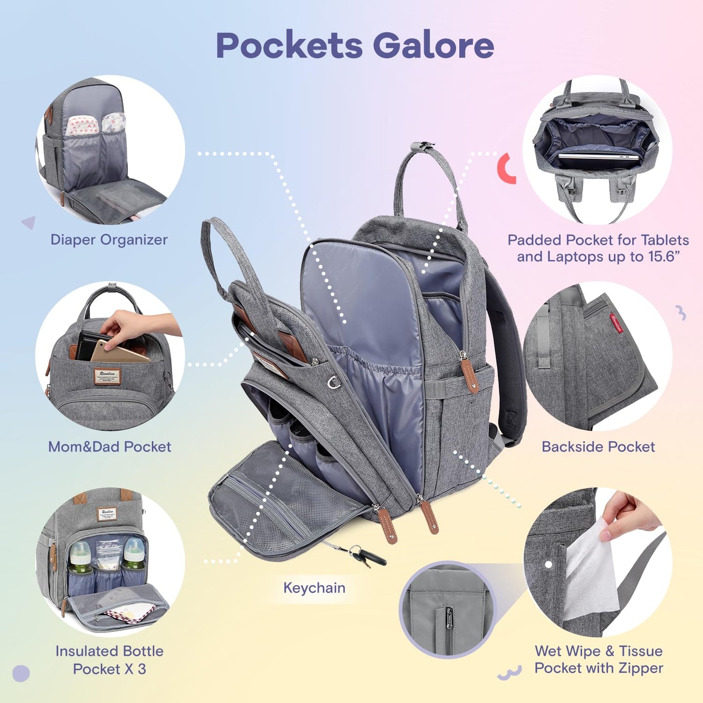 RUVALINO Diaper Bag Backpack, Multifunction Travel Pack Maternity Baby Changing Bags, Large Capacity, Waterproof, Gray