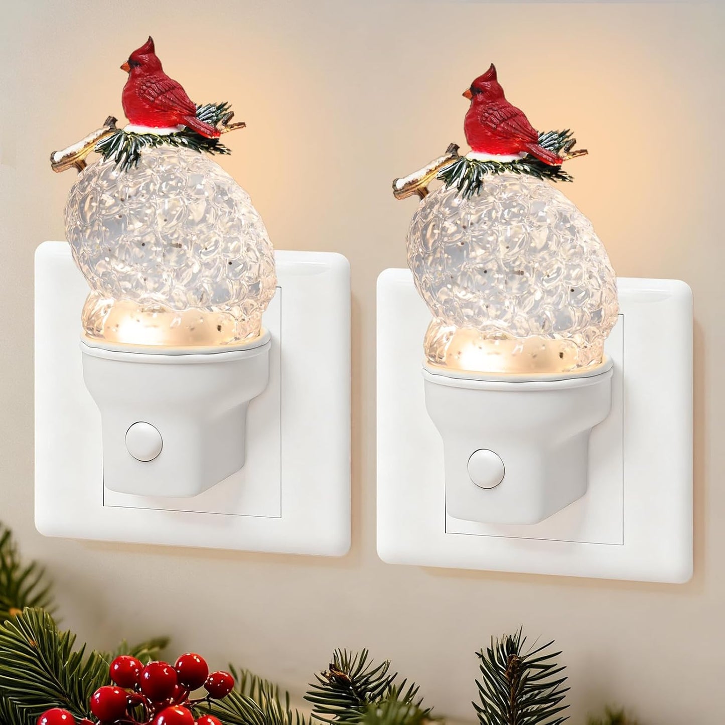 2 Pack Christmas Night Light Plug into Wall Glitter Water Nightlight with USB/Outlet Options, Christmas Cardinal and Pinecone Decorative Nightlight for Holiday Decorations (Cardinal and Pinecone)