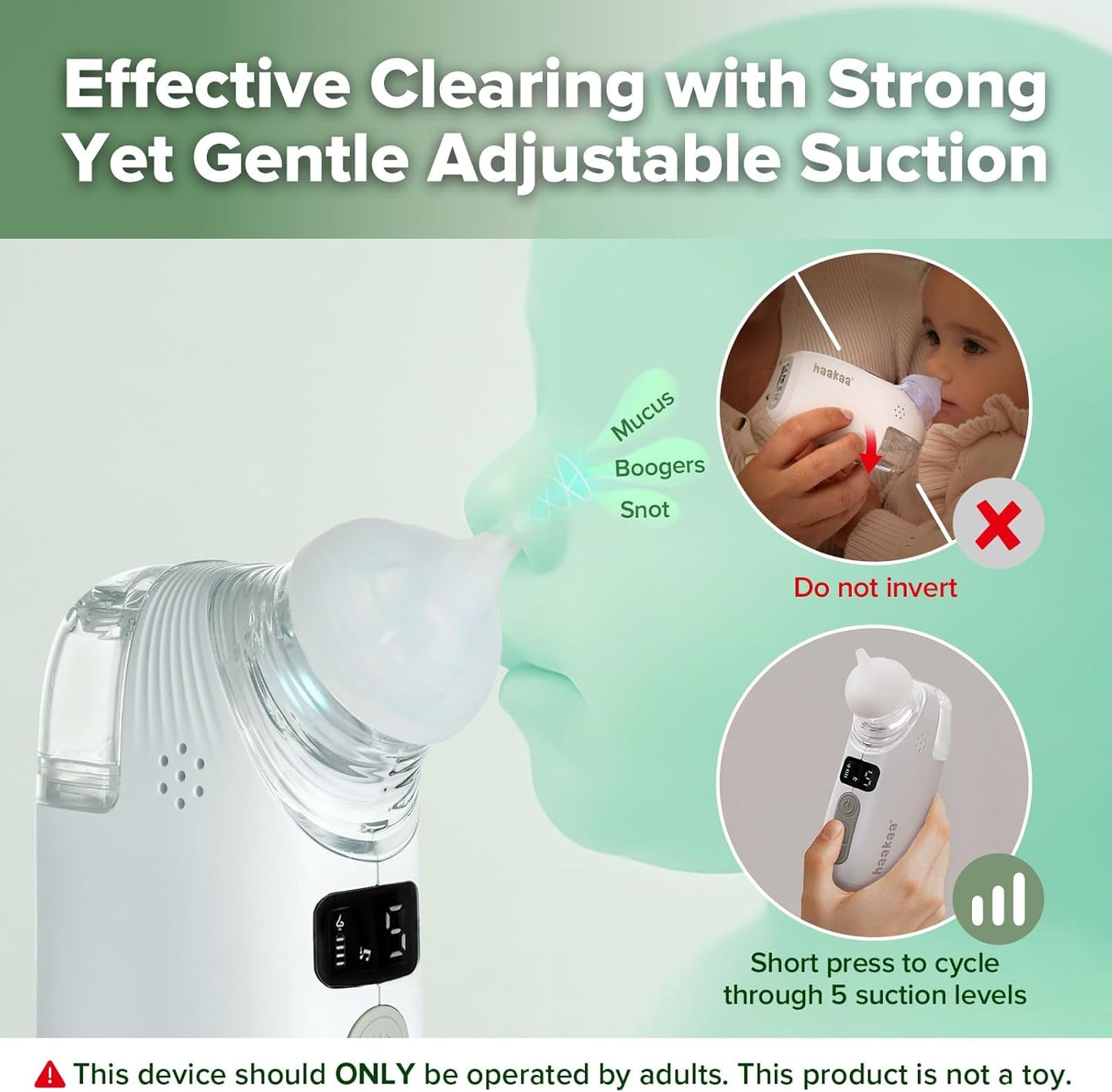 Haakaa Nasal Aspirator for Baby, 2-in-1 Electric Baby Nasal Aspirator with Sprayer – Baby Nose Sucker, Nose Sucker for Baby – 5 Adjustable Suction Levels up to 65kPa, Quiet, Music & Lights