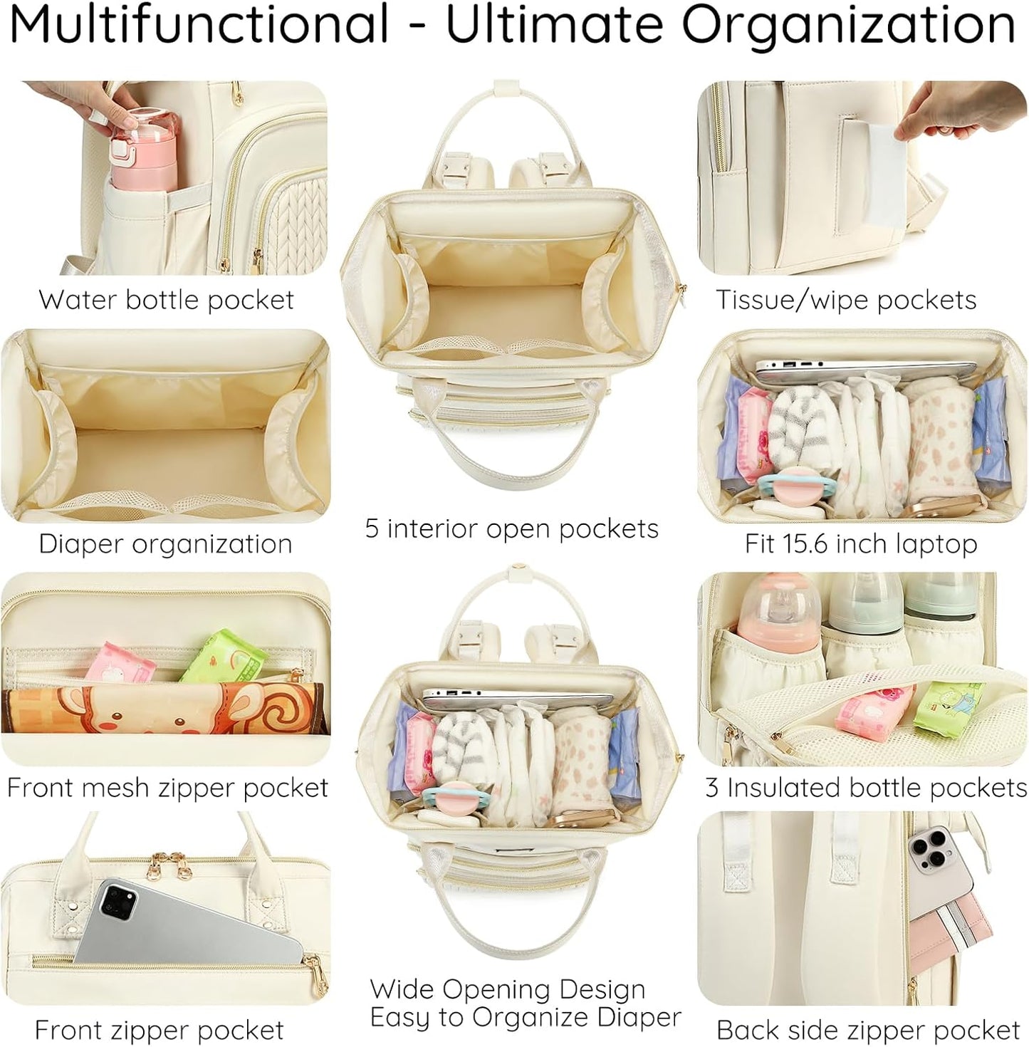 AIJIEKE Diaper Bag, Large Wide-Open Baby Diaper Backpack, Multi-functional Baby Travel Tote Bag, Diaper Bag with Changing Pad, Diaper Bags for Mom & Maternity (Beige)