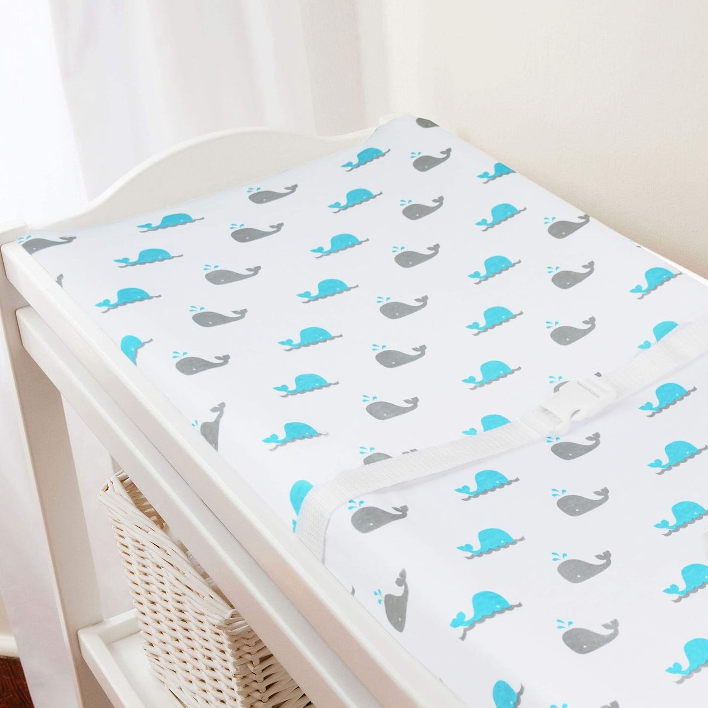 American Baby Company Printed 100% Cotton Knit Fitted Contoured Changing Table Pad Cover - Compatible with Mika Micky Bassinet, Aqua Whale, for Boys and Girls
