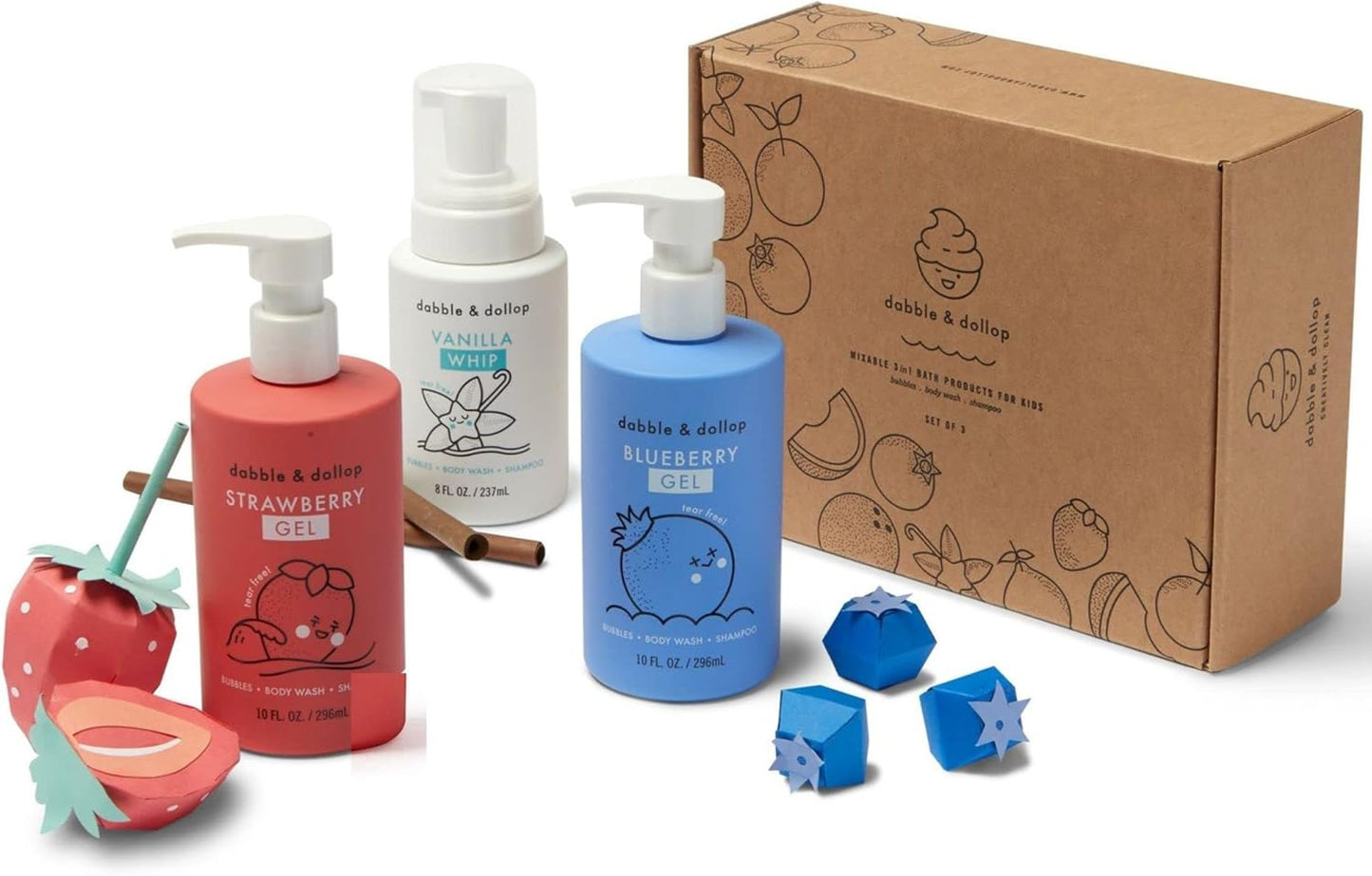 Dabble & Dollop USA Bundle, 3-in-1 Natural Bubble Bath, Body Wash & Shampoo for Kids, Paraben & Sulfate Free, Vegan, Tear-Free, Strawberry, Vanilla & Blueberry (Set of 3)