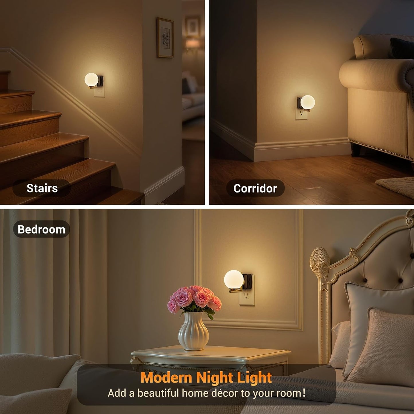 JandCase LED Night Light, 3000K Warm Night Lights Plug into Wall [2 Pack], 0-100LM Dimmable Night Lights with Dusk to Dawn Light Sensor, 180° Rotatable Plug in Nightlights for Bathroom Bedroom