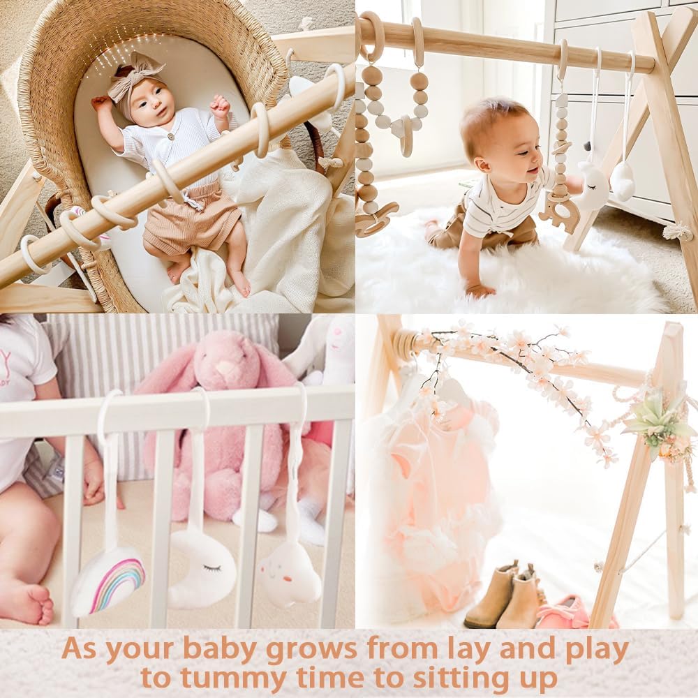 little dove Foldable Wooden Play Gym with 6 Toys - Infant Activity Gym for Baby Girls and Boys with Hanging Bar - Montessori Newborn Gift