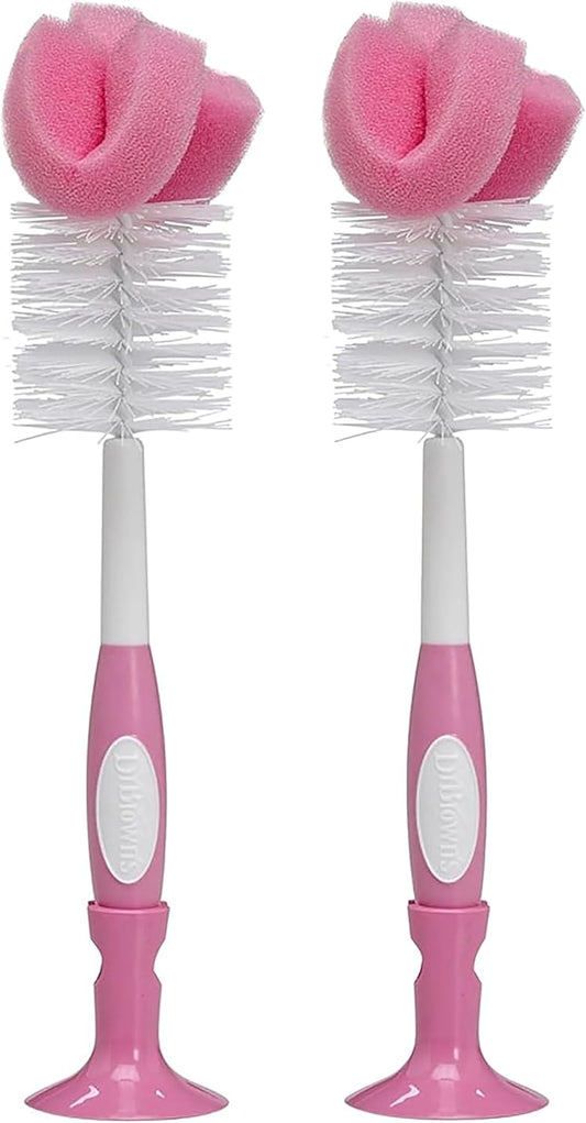 Dr. Brown's Reusable Sponge Baby Bottle Cleaning Brush with Suction Cup Stand, Scrubber and Nipple Cleaner, Pink 2-Pack