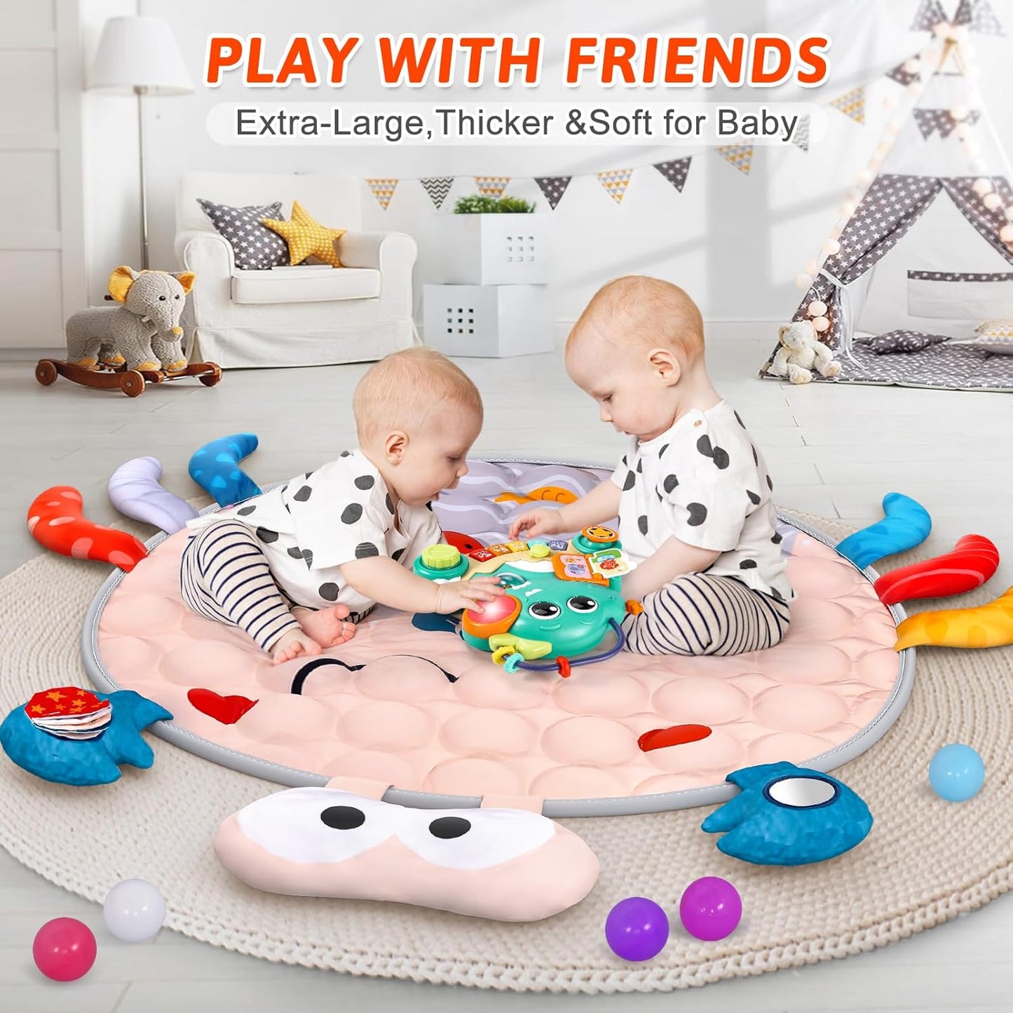 UMIKU Baby Play Mat Tummy Time Mat for Newborn Infant Piano Music & Light Musical Activity Center Baby Boy Girl Gifts for Baby Toys 3 6 9 12 Months, Crab Theme