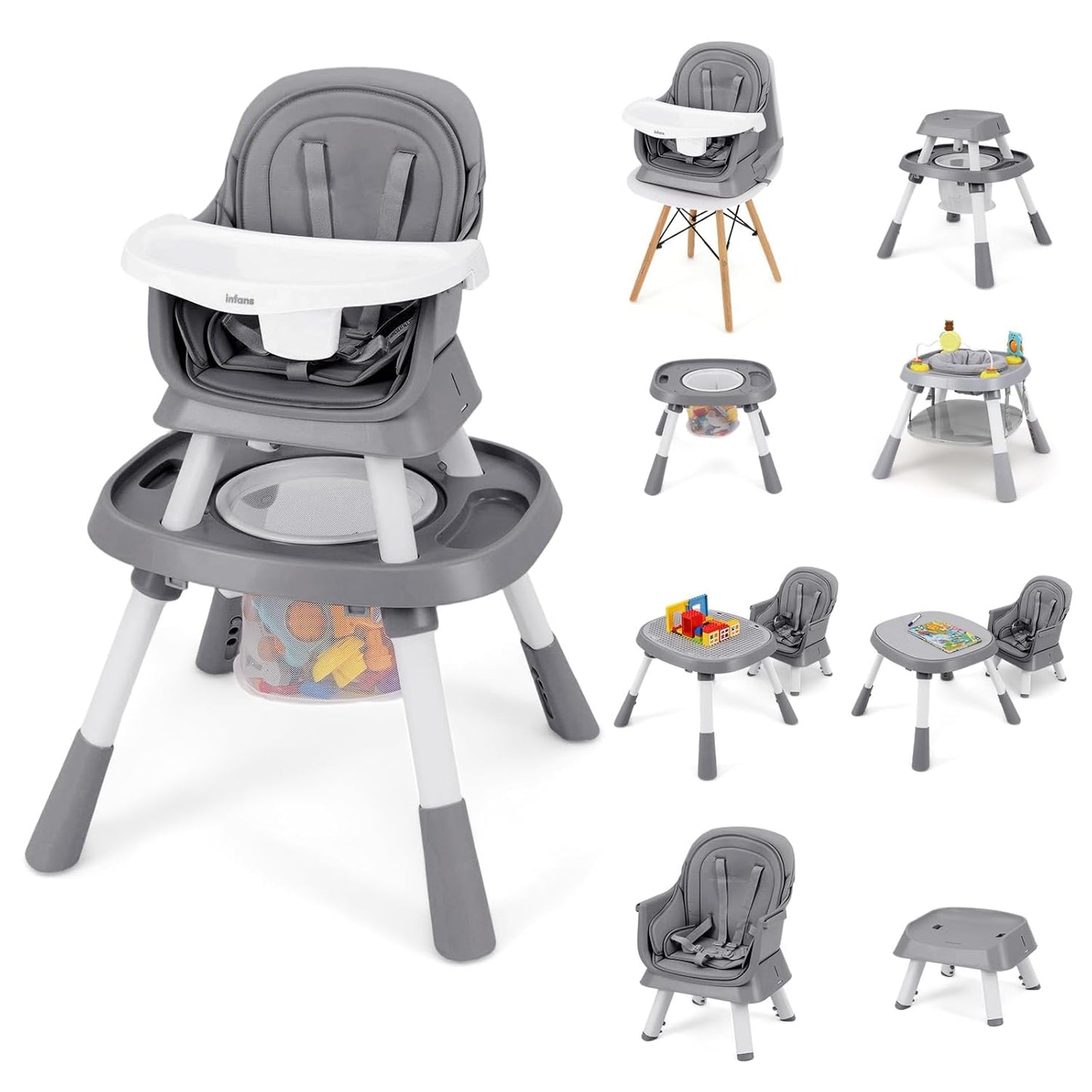 INFANS 9 in 1 High Chair, Convertible Baby Highchair for Babies and Toddlers, Table and Chair Set Building Block Infant Dining Booster Seat, Kids Stool with Activity Children Play Kitchen (Grey)