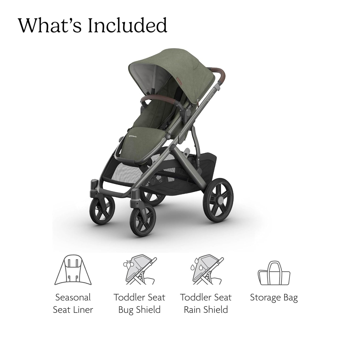 UPPAbaby Vista V3 Stroller - Full-Size Single-to-Double Stroller System - Toddler Seat, Bug Shield, Rain Shield, and Storage Bag Included - Evelyn (Meadow Green/Graphite Frame/Chestnut Leather)