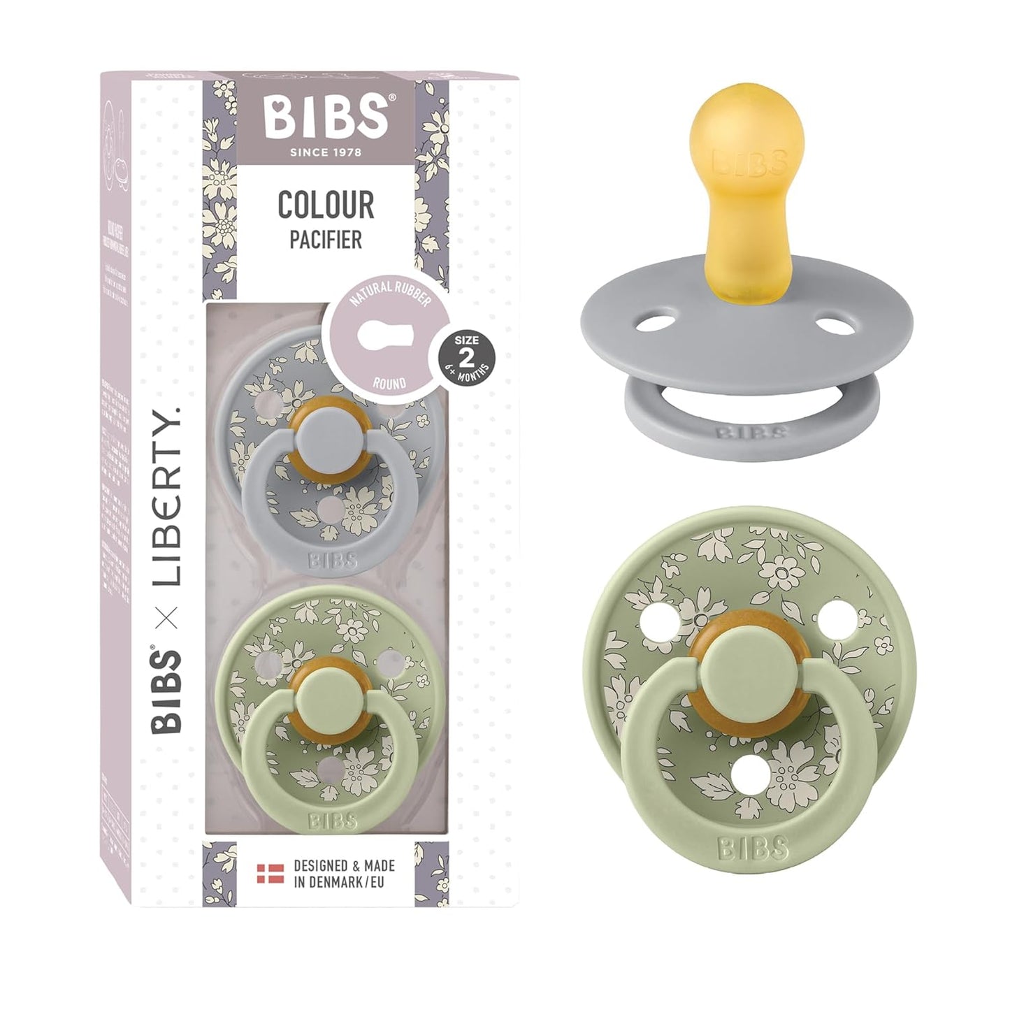 BIBS Colour Liberty Soother 2-Pack, BPA Free Dummy Pacifier, Round Nipple. Natural Rubber Latex, Made in Denmark, Size 2 (6-18 Months), Capel Sage