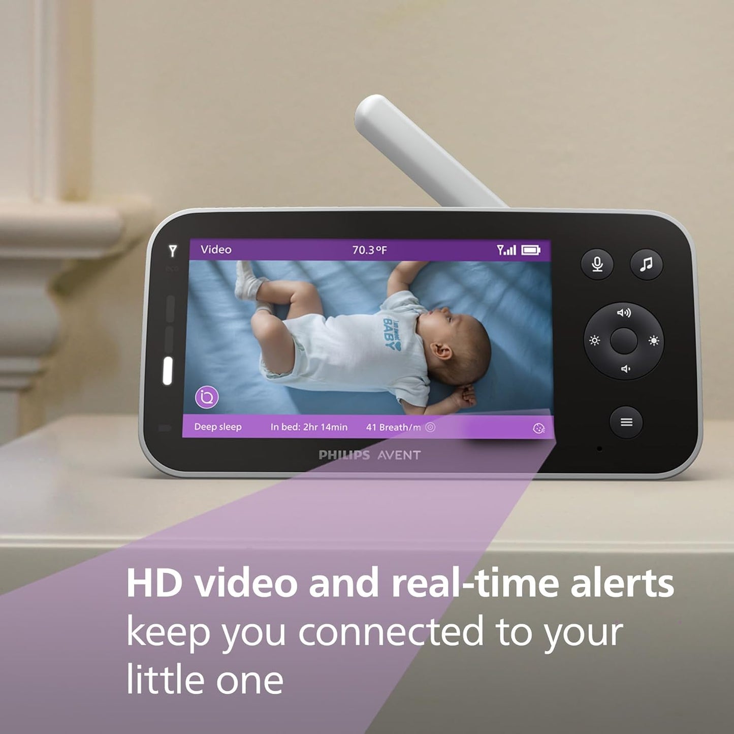 Philips Avent Premium Connected Baby Monitor, with 1080p Camera and App, SenseIQ Sleep and Breathing Rate Tracking, Cry Detection and Translation, Day and Night View, Two-way True Talk Back, SCD973/37