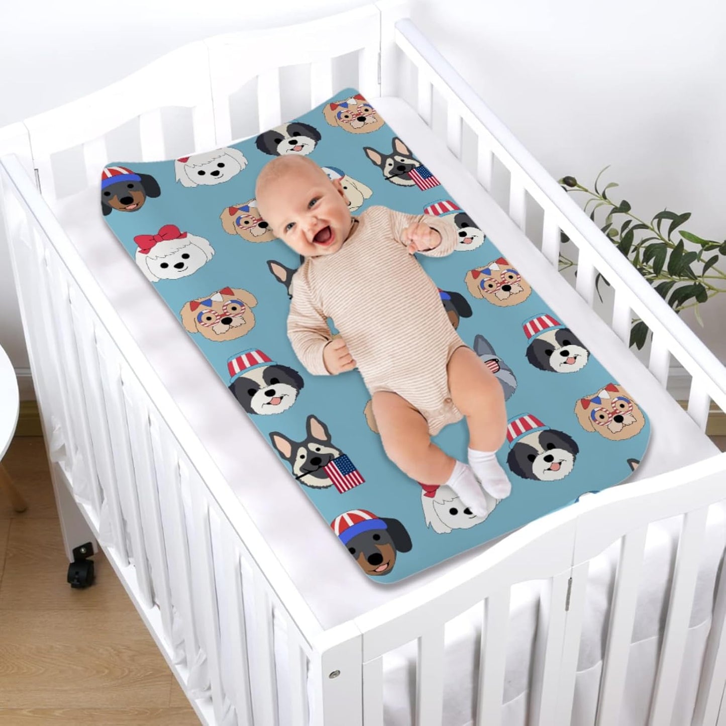 Cute Patriotic Dogs Baby Changing Pad Covers for Boy Girl 32''x16'' 4th of July Puppies Flags Fitted Diaper Change Table Pad Sheets Dogs Lovers Gift Soft Breathable Nursery Baby Changing Table Mats