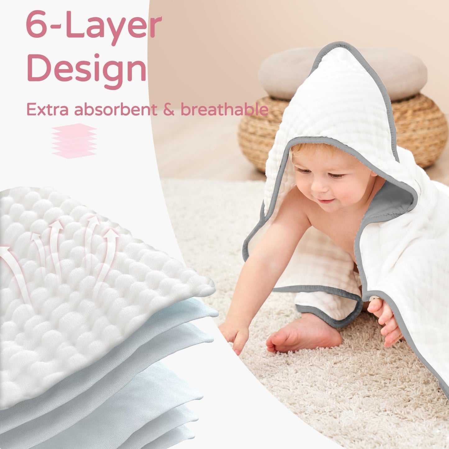 Yoofoss Hooded Baby Towels for Newborn 2 Pack 100% Muslin Organic Cotton Baby Bath Towel with Hood for Babies, Infant, Toddler and Kids, 32x32Inch, Soft and Absorbent Newborn Essential,White and Pink
