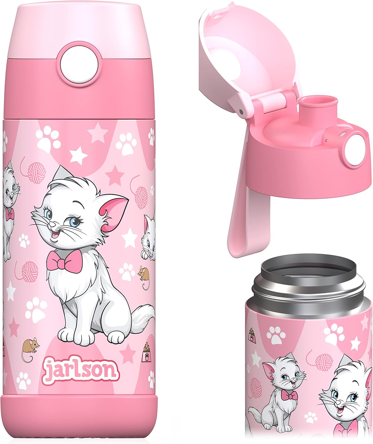 Jarlson® Mali Children's Water Bottle, Thermal Stainless Steel Water Bottle, BPA-Free, Leak-Proof, Children's Bottle with Chug Lid, Bottle for School, Nursery (Cat 'Star', 350 ml)