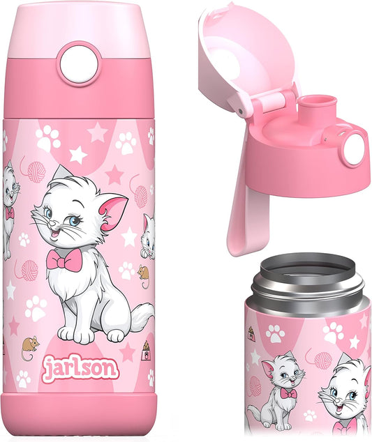 Jarlson® Mali Children's Water Bottle, Thermal Stainless Steel Water Bottle, BPA-Free, Leak-Proof, Children's Bottle with Chug Lid, Bottle for School, Nursery (Cat 'Star', 350 ml)