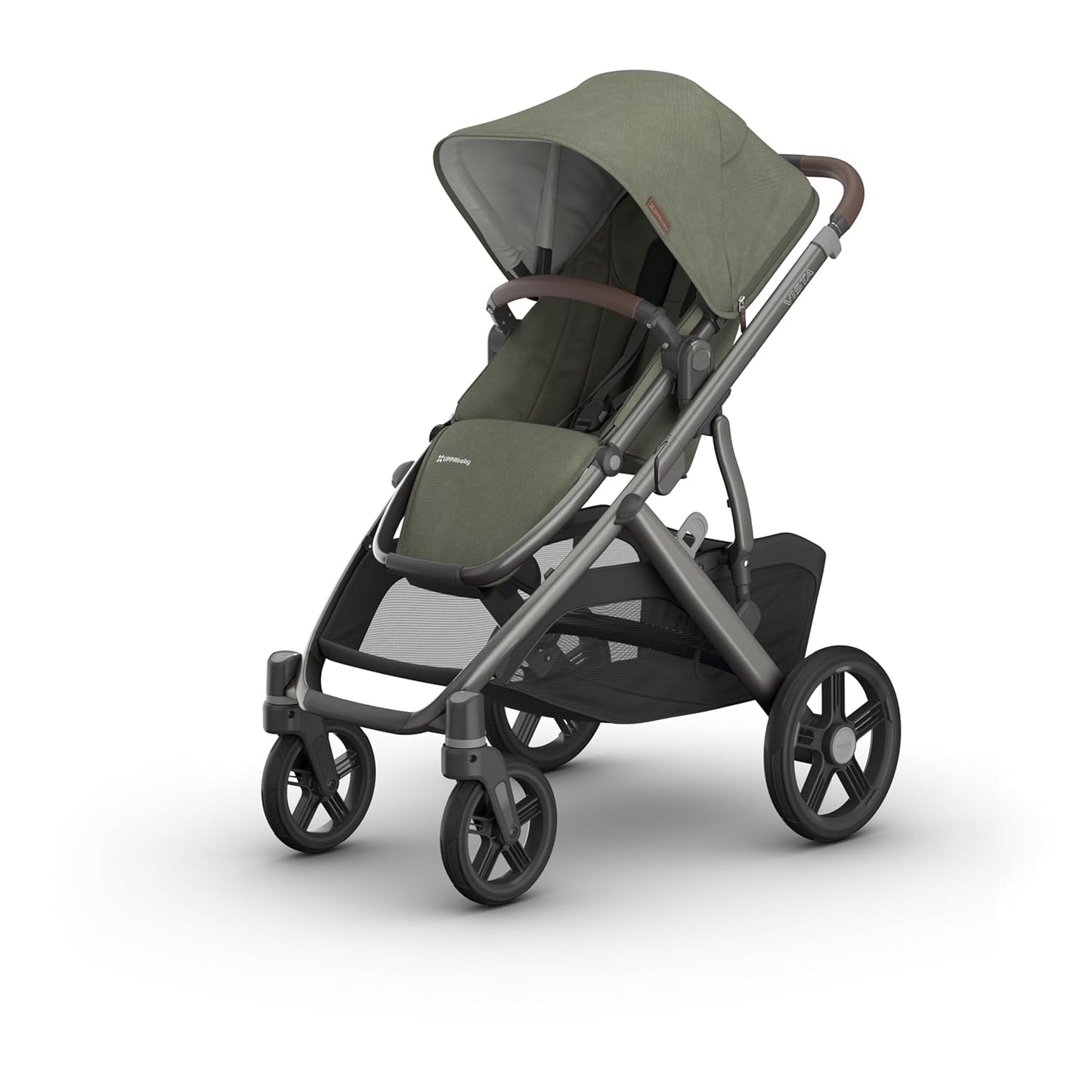UPPAbaby Vista V3 Stroller - Full-Size Single-to-Double Stroller System - Toddler Seat, Bug Shield, Rain Shield, and Storage Bag Included - Evelyn (Meadow Green/Graphite Frame/Chestnut Leather)