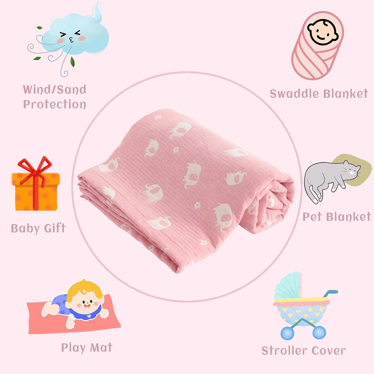 NTBAY 3 Layer Oversized Muslin Cotton Toddler Blanket, Jacquard Reversible Nursery Bed Blanket, Super Soft and Thermal for All Seasons, Baby Gift, 45"x60", Pink Elephant