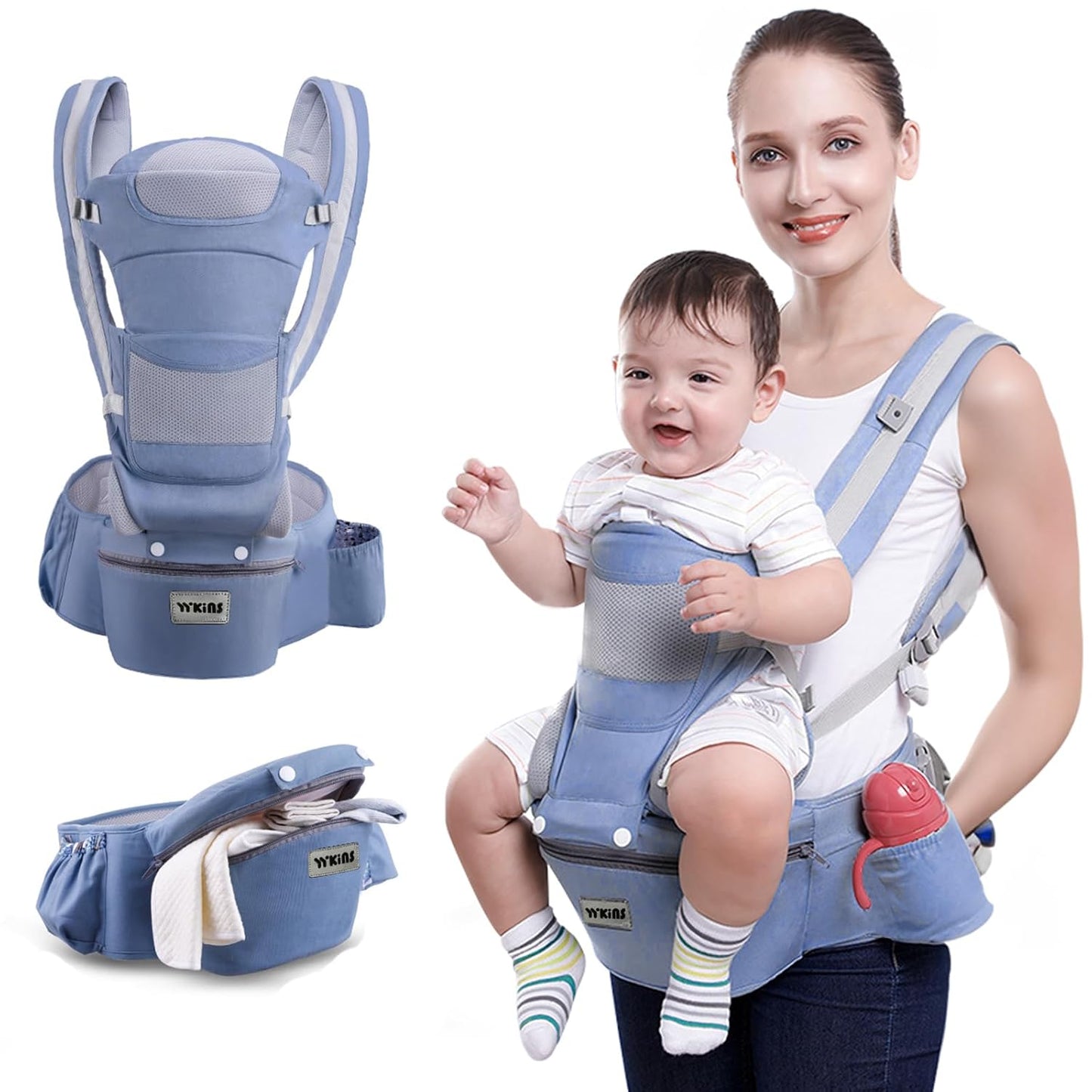 Baby Carrier with Hip Seat, for 0-48 Month Baby, Soft Baby Carrier Newborn to Toddler, 15-in-1 Ways to Carry, Adjustable Size with Sunshade, Windproof & Storage Functions (Blue)