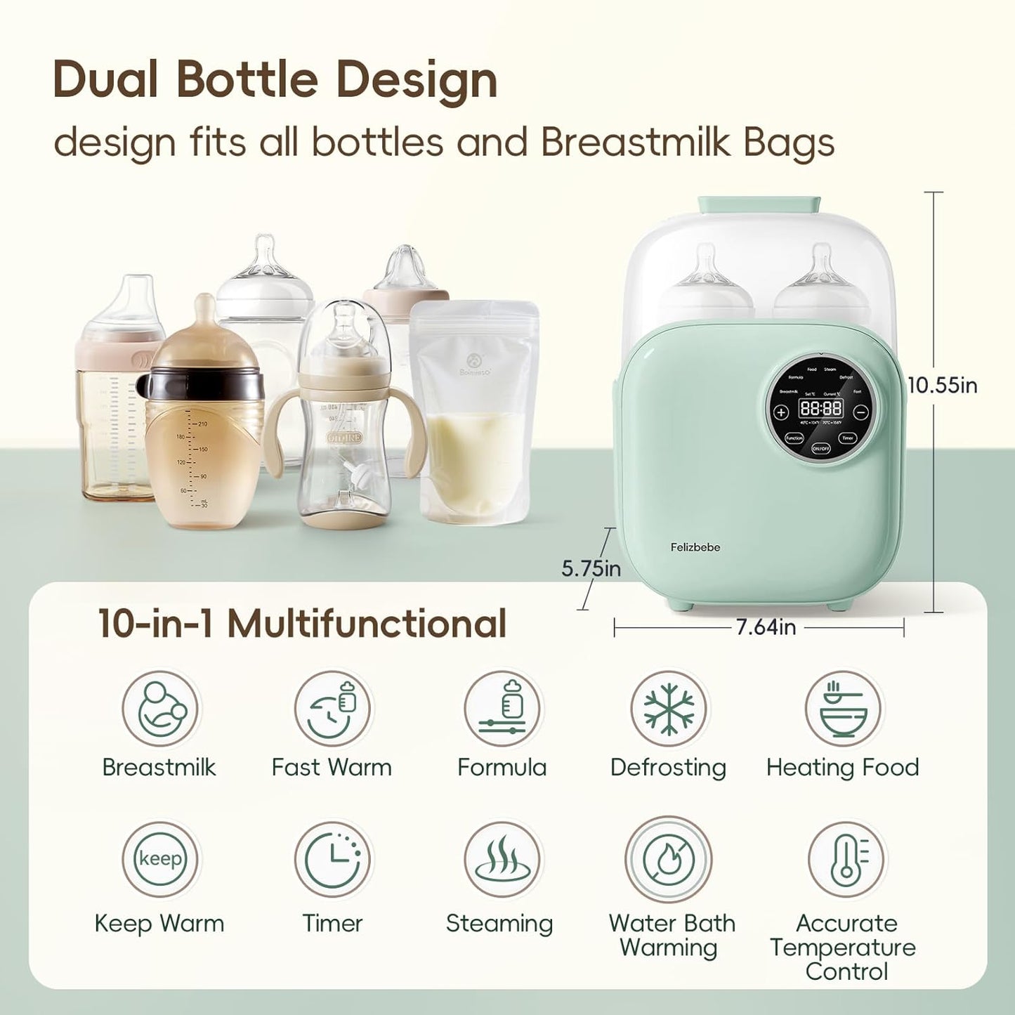 Baby Bottle Warmer, Felizbebe 10-in-1 Double Bottle Warmer for Breastmilk or Formula, Accurate Temperature Control, Timer, Sterili-zing, Defrost, Heat Food, Keep Warm, Breast Milk Warmer for Baby