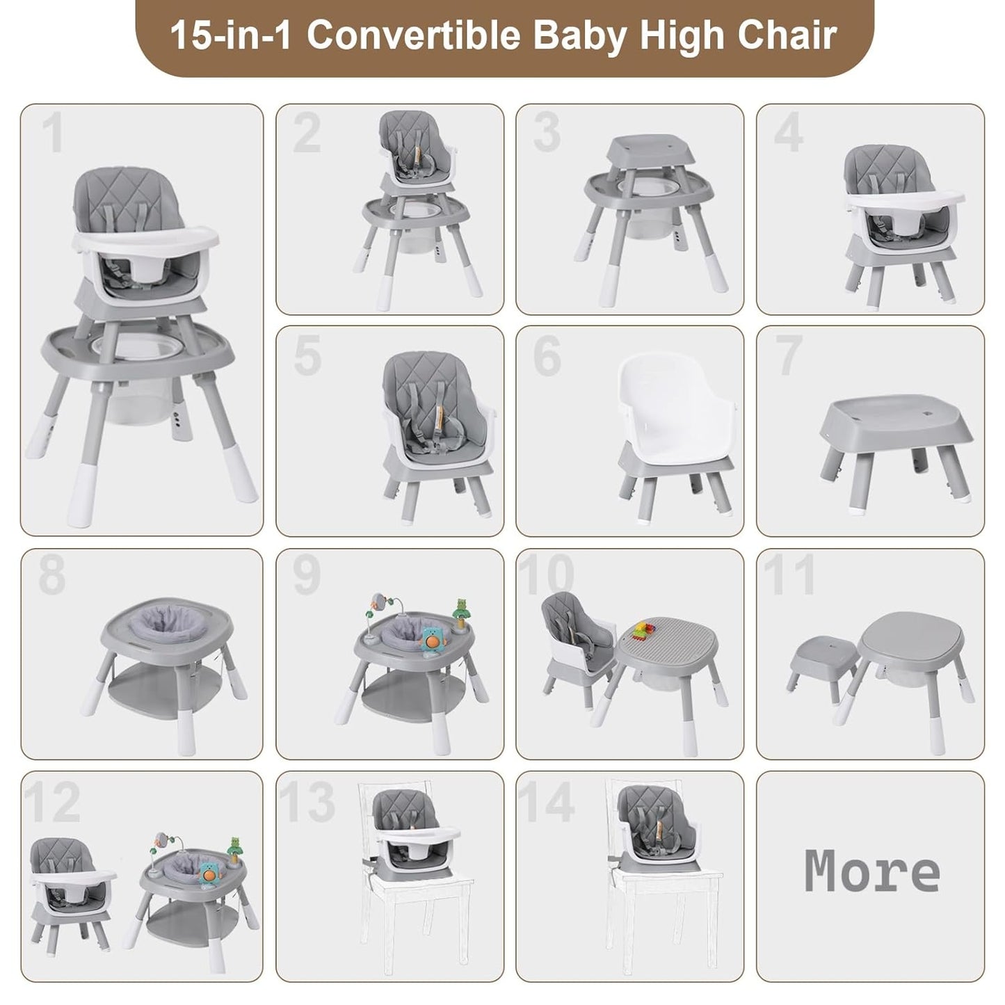 Babyliebe 15-in-1 Baby High Chair, Convertible Highchair for Babies and Toddlers with Activity Center, Booster Seat, Building Block Table, Toddler Chair with Safety Harness, Removable Tray (Gray)
