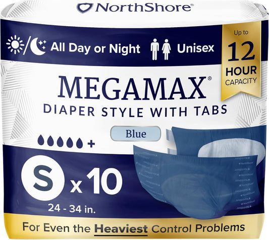 NorthShore MegaMax Adult Overnight Diapers, 12-Hour Tab-Style, Small, 10 Count Bag, Blue, 24-34 inches, Unisex Incontinence Underwear